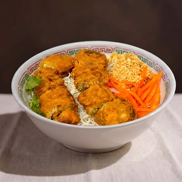 Vietnamese Egg Rolls Over Rice Noodle Salad.