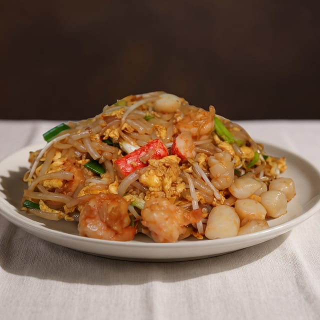 "Lort Cha" Short Noodle Stir Fried with Seafood.