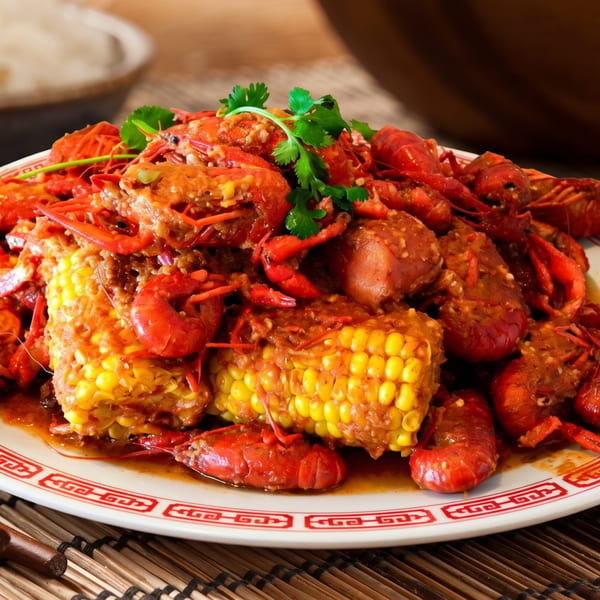 A plate of bright red crawfish and yellow corn on the cob, covered in a rich sauce.